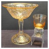 LR - Amber Compote (Possible Fostoria) & Vintage Bubble-Base Lowball Glass (Possible Krosno)