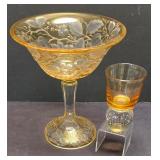 LR - Amber Compote (Possible Fostoria) & Vintage Bubble-Base Lowball Glass (Possible Krosno)