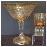 LR - Amber Compote (Possible Fostoria) & Vintage Bubble-Base Lowball Glass (Possible Krosno)