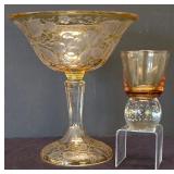LR - Amber Compote (Possible Fostoria) & Vintage Bubble-Base Lowball Glass (Possible Krosno)
