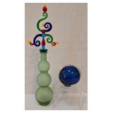 LR - Vintage Glass Perfume Bottle with Whimsical Stopper & Blue Glass Paperweight