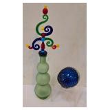 LR - Vintage Glass Perfume Bottle with Whimsical Stopper & Blue Glass Paperweight