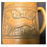 LR - Decorative Tableware Lot: Ivory Oval Tray; Blue/Rust Tray; Blue Vase; Brown & Tan Mugs; Candleholders