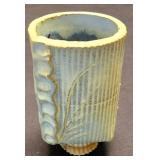 LR - Decorative Tableware Lot: Ivory Oval Tray; Blue/Rust Tray; Blue Vase; Brown & Tan Mugs; Candleholders