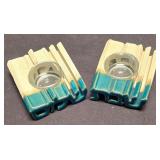 LR - Decorative Tableware Lot: Ivory Oval Tray; Blue/Rust Tray; Blue Vase; Brown & Tan Mugs; Candleholders