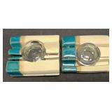 LR - Decorative Tableware Lot: Ivory Oval Tray; Blue/Rust Tray; Blue Vase; Brown & Tan Mugs; Candleholders