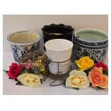 LR - Blue & White Ceramic Planters Set with Wire Dog Planter and 8 Napkin Rings