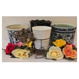 LR - Blue & White Ceramic Planters Set with Wire Dog Planter and 8 Napkin Rings