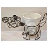 LR - Blue & White Ceramic Planters Set with Wire Dog Planter and 8 Napkin Rings
