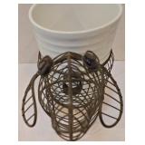 LR - Blue & White Ceramic Planters Set with Wire Dog Planter and 8 Napkin Rings