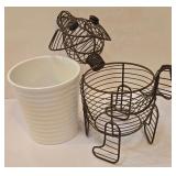 LR - Blue & White Ceramic Planters Set with Wire Dog Planter and 8 Napkin Rings