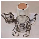 LR - Blue & White Ceramic Planters Set with Wire Dog Planter and 8 Napkin Rings