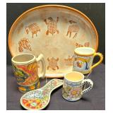 LR - Savironda Mexican Ceramic Set: Terracotta Platter, Spoon Rest, Mugs & D.A. Mano Italian Mug