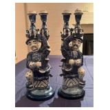 Pair of Vintage Chinese Figural Serpentine Blue and White Ceramic Candle Holders
