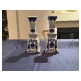 Blue and White Chinoiserie Candle Stick Set 2.5" x2.5" x 7" Tall
