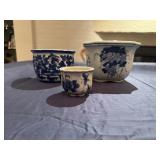 Vintage Blue and White Chinoiserie Style Porcelain Planters, 5" x 5" x 4, 3" x 4 3/4 Diameter, 1.5" x 3" Diameter