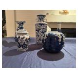 Collection of Vintage Blue and White Chinese Porcelain Jars and Vases 10" Tall x 7" Diameter, 7" Tall x 4" Diameter, 7" Tall x 4" Diameter,