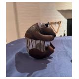 Hand Carved Onyx Elephant (Rear leg broken) and Metal/Glass Bear Statue