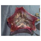 Glass Pink Bowl (minor imperfections), Glass Hanging Heart Ornament and Four Glass Coasters