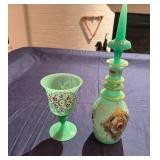 Glass Enameled Decanter with Matching Cup (small chips in cup)
