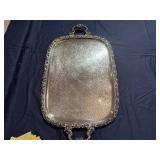 Vintage Silver-Plated Serving Tray with Ornate Handles and Scroll Work