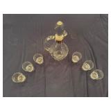 Vintage Etched Glass Decanter Set Gold Embossed with Six Matching Glasses