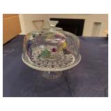 Vintage Glass Cake Stand with Beautiful Hand Painted Details of Leaves and Fruit
