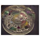 Vintage Glass Cake Stand with Beautiful Hand Painted Details of Leaves and Fruit