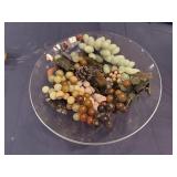 Vintage Sets of Green Carved Jade or Serpentine Stone Grapes with Glass Dish