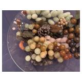 Vintage Sets of Green Carved Jade or Serpentine Stone Grapes with Glass Dish