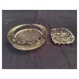 Pair of Vintage Glass Ash Trays (Owl Design 9" Diameter and Square is 5" x 5")