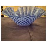 Blue and White Trellis Round Ruffled Centerpiece Console Bowl