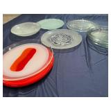 Decorative Glass and Frosted Glass Plates and Three Glass Pie Dishes
