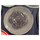 Decorative Glass and Frosted Glass Plates and Three Glass Pie Dishes