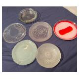 Decorative Glass and Frosted Glass Plates and Three Glass Pie Dishes