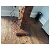 Vintage Chinese Carved Wooden Hexagonal Pedestal Table with Glass Topper (28.5" Tall x 24" Wide)