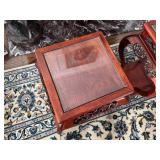 Vintage Chinese Wooden Side Table with Ornate Carved Details, Curved Legs and a Glass Inlay 1980
