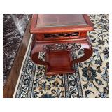 Vintage Chinese Wooden Side Table with Ornate Carved Details, Curved Legs and a Glass Inlay 1980