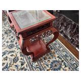 Vintage Chinese Wooden Side Table with Ornate Carved Details, Curved Legs and a Glass Inlay 1980