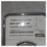 1978 MO Mexico $100 P NGC Mint Error MS66 Obverse Lamination