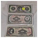 Mexico Cinco Diez Viente Pesos Bills, uncirculated
