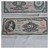 Mexico Cinco Diez Viente Pesos Bills, uncirculated