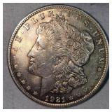 1921 Morgan Dollar $1 AU with Gold Toning, Beautiful Coin
