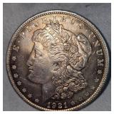 1921 Morgan Dollar $1 AU with Gold Toning, Beautiful Coin
