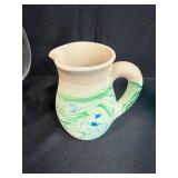 Mixed Set of Pitchers and Blue Glass Tumblers Including Pfaltzgraff and Nemadji Pottery