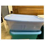 Lot of 8 Plastic Storage Totes with Lids in Assorted Sizes and Colors