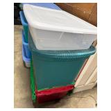 Lot of 8 Plastic Storage Totes with Lids in Assorted Sizes and Colors
