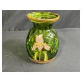 Art Nouveau Style Hand-Enameled Bohemian Hand-Painted Green Glass Vase with Iris Floral Design, 6 Inch
