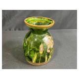 Art Nouveau Style Hand-Enameled Bohemian Hand-Painted Green Glass Vase with Iris Floral Design, 6 Inch