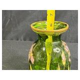 Art Nouveau Style Hand-Enameled Bohemian Hand-Painted Green Glass Vase with Iris Floral Design, 6 Inch